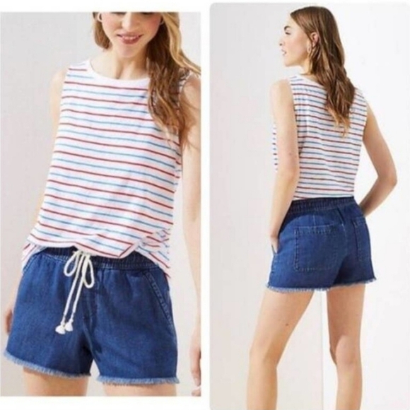 NWOT | Ann Taylor LOFT | Linen Pull-On Tassel Shorts | Medium | Light Chambray - Picture 5 of 13